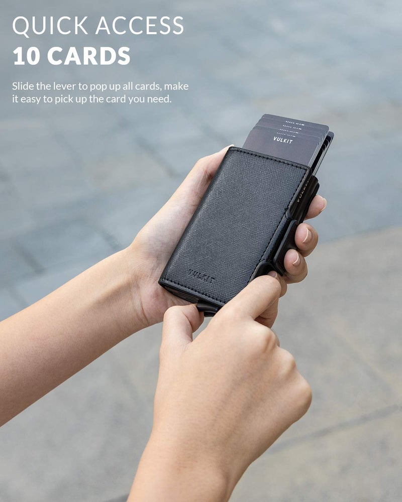 VULKIT حامل بطاقات الائتمان VULKIT مع حماية RFID من الجلد محفظة تلقائية قابلة للفتح مغناطيسية حافظة بطاقتين للرجال والنساء باللون الأسود المتقاطع - Image 2