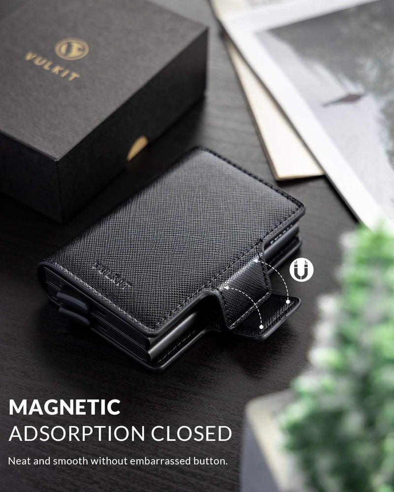 VULKIT حامل بطاقات الائتمان VULKIT مع حماية RFID من الجلد محفظة تلقائية قابلة للفتح مغناطيسية حافظة بطاقتين للرجال والنساء باللون الأسود المتقاطع - Image 5