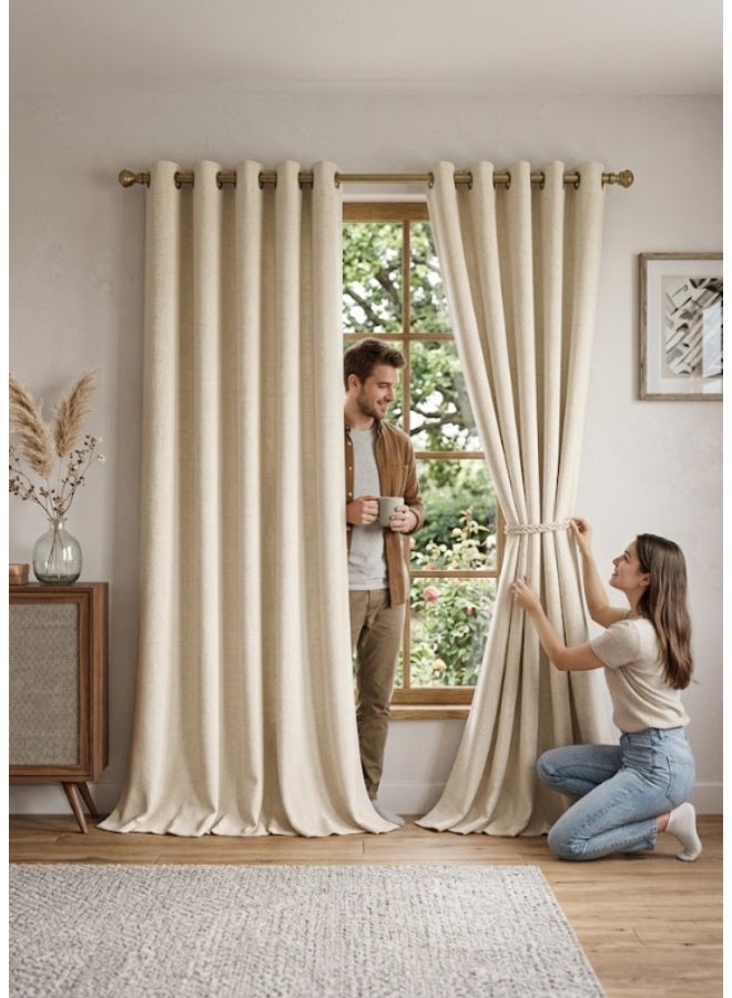 El-Koptan Turkish Hammer Velvet Cotton Blackout Curtains, 150 × 270 cm, Steel Grommets, Heavy Fabric, Superior Insulation (Beige) - Image 2