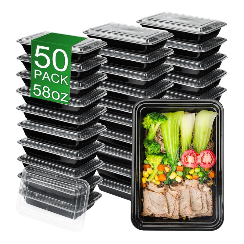 APSIC Meal Prep Containers, 50 Pack 58oz (100-Piece) Disposable Take Out Food Storage Containers with Leakproof Lids, Large Plastic To Go Lunch Boxes, BPA Free, Microwave/Dishwasher/Freezer Safe - Image 1