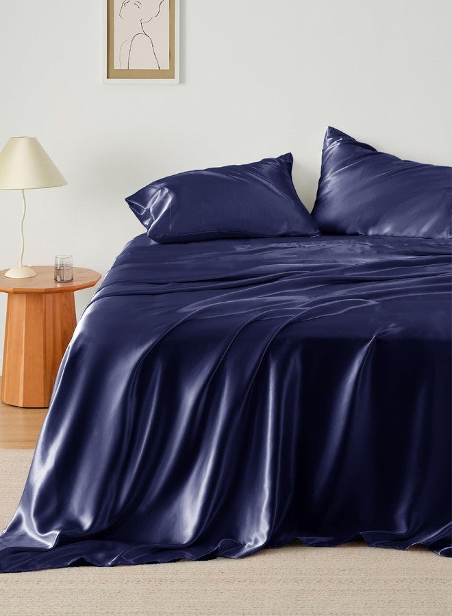 Bedsure Satin Sheets King Size Bed Set - Luxury Silky Bed Sheet Set, Ultra Soft & Wrinkle Free, Good for Hair & Skin, Gifts for Women, 15 Inches Deep Pocket, 4-Piece (King, Navy) - Image 1