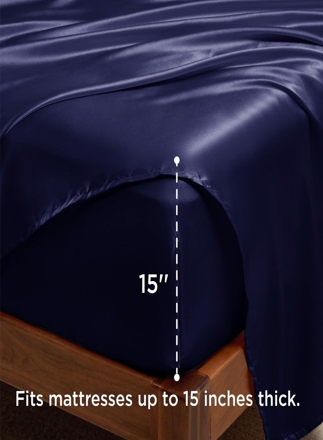 Bedsure Satin Sheets King Size Bed Set - Luxury Silky Bed Sheet Set, Ultra Soft & Wrinkle Free, Good for Hair & Skin, Gifts for Women, 15 Inches Deep Pocket, 4-Piece (King, Navy) - Image 5