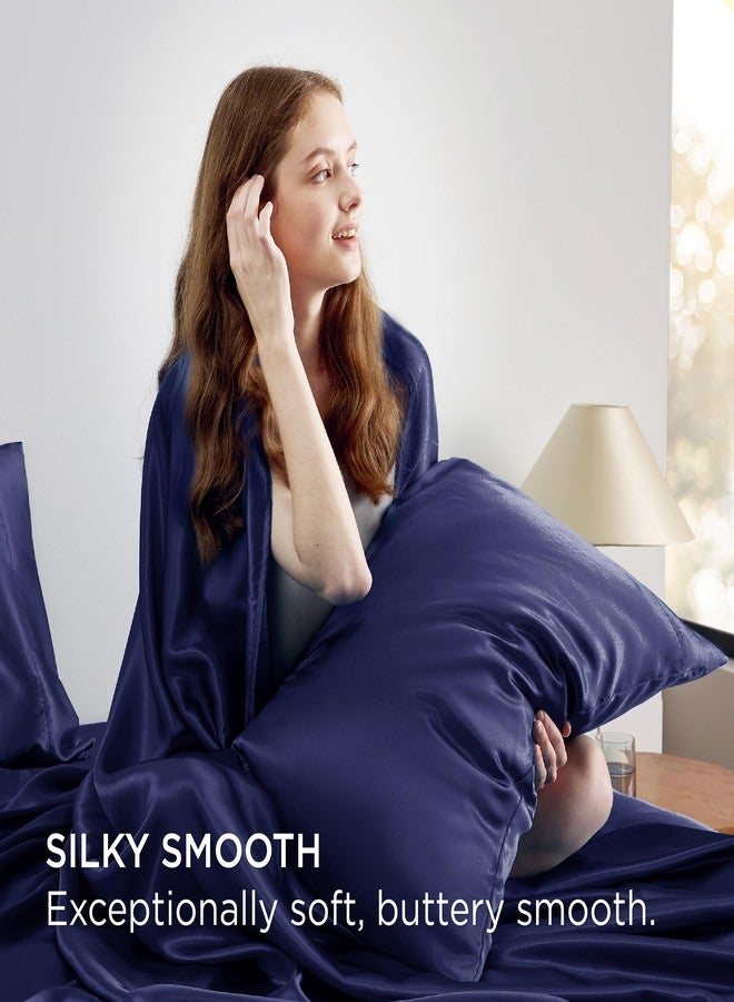 Bedsure Satin Sheets King Size Bed Set - Luxury Silky Bed Sheet Set, Ultra Soft & Wrinkle Free, Good for Hair & Skin, Gifts for Women, 15 Inches Deep Pocket, 4-Piece (King, Navy) - Image 3