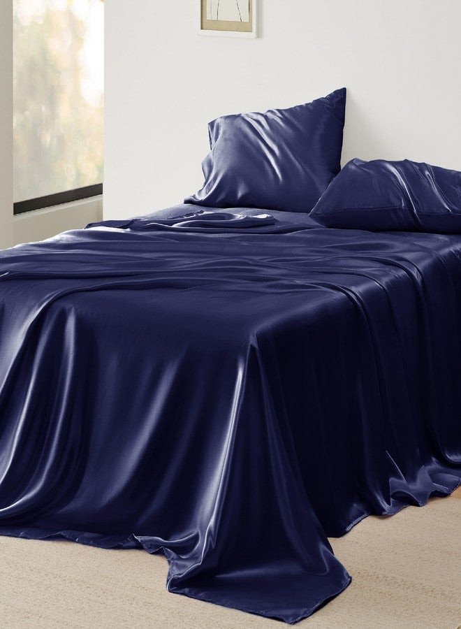 Bedsure Satin Sheets King Size Bed Set - Luxury Silky Bed Sheet Set, Ultra Soft & Wrinkle Free, Good for Hair & Skin, Gifts for Women, 15 Inches Deep Pocket, 4-Piece (King, Navy) - Image 2