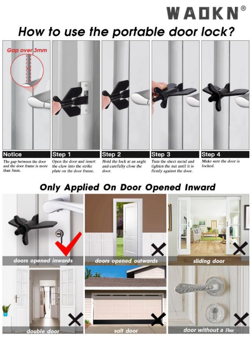 WAOKN Portable Door Lock, Home Security Door Locker Travel Lockdown Locks for Additional Safety and Privacy Security Devices for Traveling Hotel Home Apartment College(black)  - Image 2