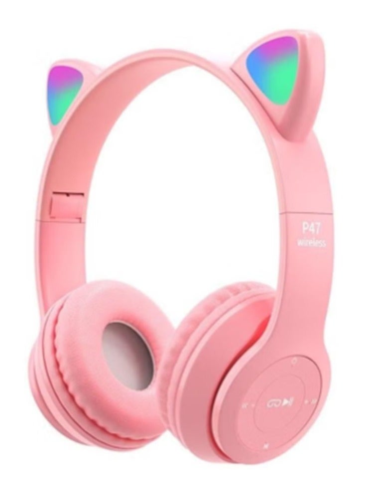 سماعة ألعاب لاسلكية، سماعات أذن بلوتوث 5.0 للقطط، سماعات رأس للأطفال، سماعات رأس بلوتوث مضيئة فوق الأذن للأطفال والكبار (وردي) - Image 1