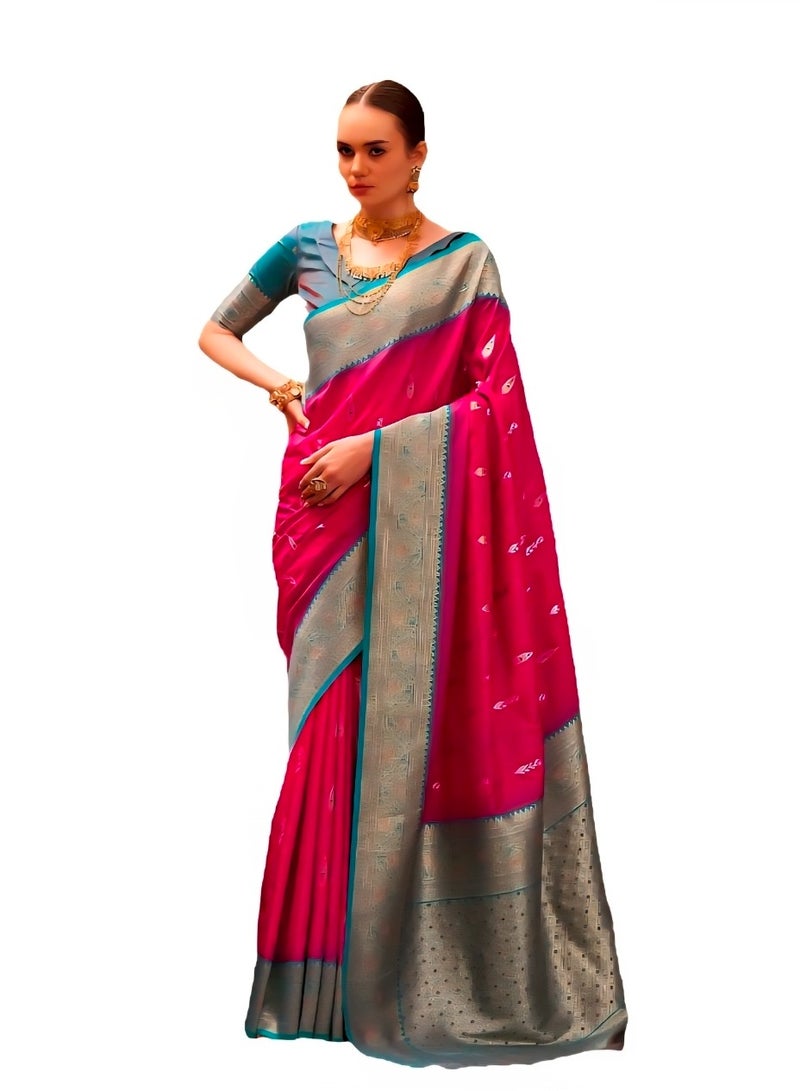 جــرابــمـــا نــتــرا   ساري وردي غامق مزخرف ذاتيًا مع حدود زرقاء فيروزية وتطريز بالو بالإضافة إلى بلوزة غير مخيطة بلون متباين - Image 1