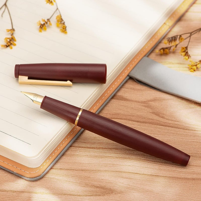 Wikult Jinhao 80 Wine Red Fiber Brushed Fountain Pen, Iridium Extra Fine Gold Nib with Ink Converter, Classic Design Smooth Writing Pen (Gold Clip) - Image 5