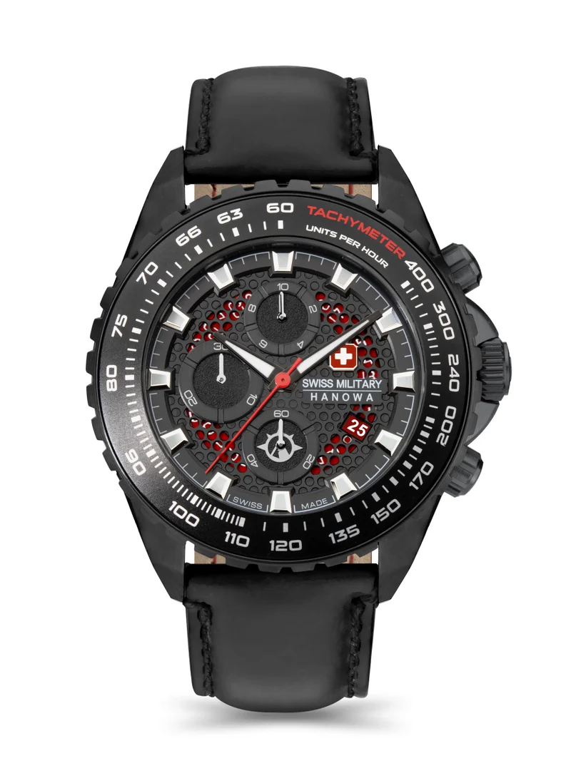 سويس ميليتري هانوا Men's Swiss Military Iguana Watch For Men With Black Leather Strap 44mm 10ATM - SMWGC2102230