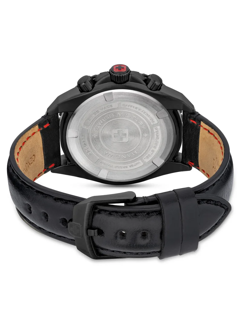 سويس ميليتري هانوا Men's Swiss Military Iguana Watch For Men With Black Leather Strap 44mm 10ATM - SMWGC2102230