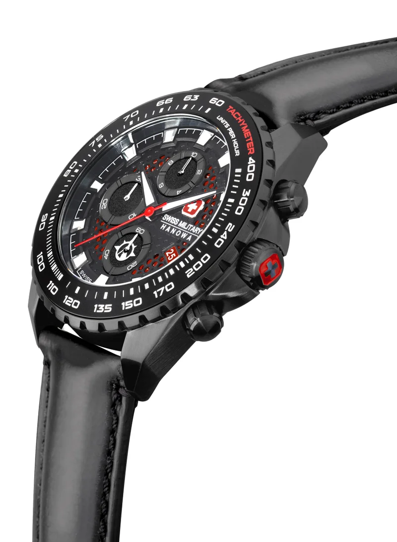 سويس ميليتري هانوا Men's Swiss Military Iguana Watch For Men With Black Leather Strap 44mm 10ATM - SMWGC2102230