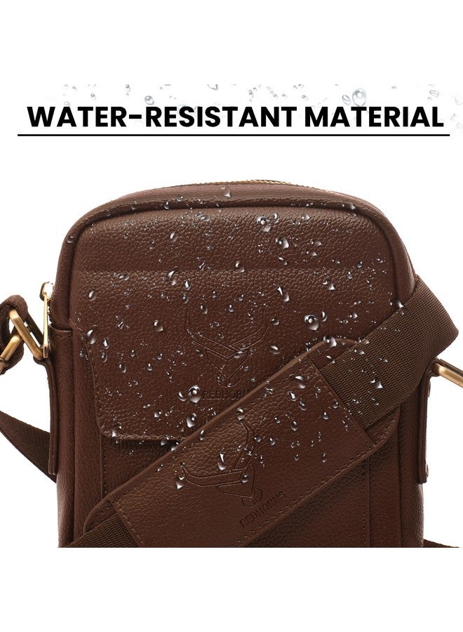 REDHORNS Faux Leather Small Cross Body Sling Bag for Men & Women, 3 Zipper Pockets, Business Messenger Shoulder Bag for Travel, Outdoor, Office - 15X19X5 CM (Brown). - Image 5