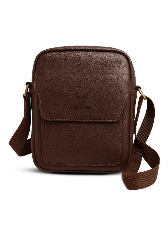 REDHORNS Faux Leather Small Cross Body Sling Bag for Men & Women, 3 Zipper Pockets, Business Messenger Shoulder Bag for Travel, Outdoor, Office - 15X19X5 CM (Brown). - Image 1