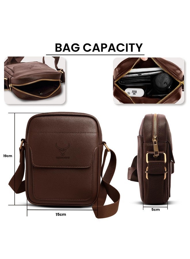 REDHORNS Faux Leather Small Cross Body Sling Bag for Men & Women, 3 Zipper Pockets, Business Messenger Shoulder Bag for Travel, Outdoor, Office - 15X19X5 CM (Brown). - Image 4