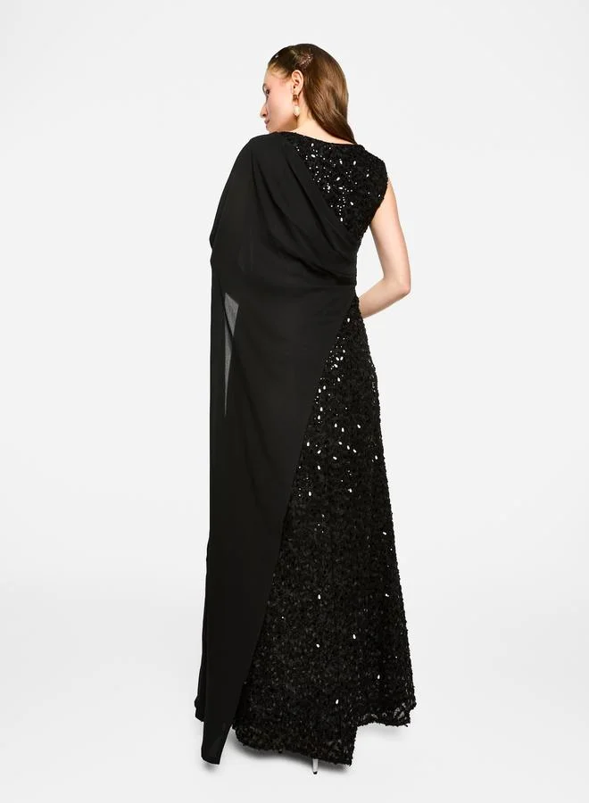House of Moda House of Moda Sequin Embroidered One Cape Sleeve Maxi Dress