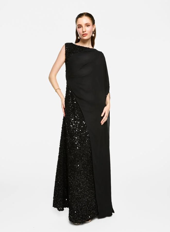 House of Moda House of Moda Sequin Embroidered One Cape Sleeve Maxi Dress