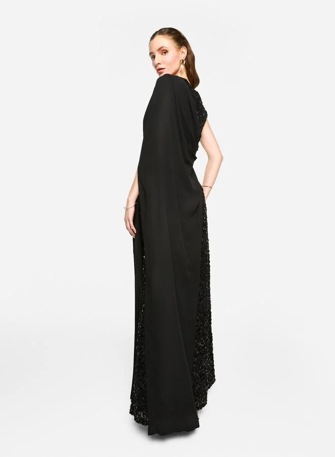 House of Moda House of Moda Sequin Embroidered One Cape Sleeve Maxi Dress