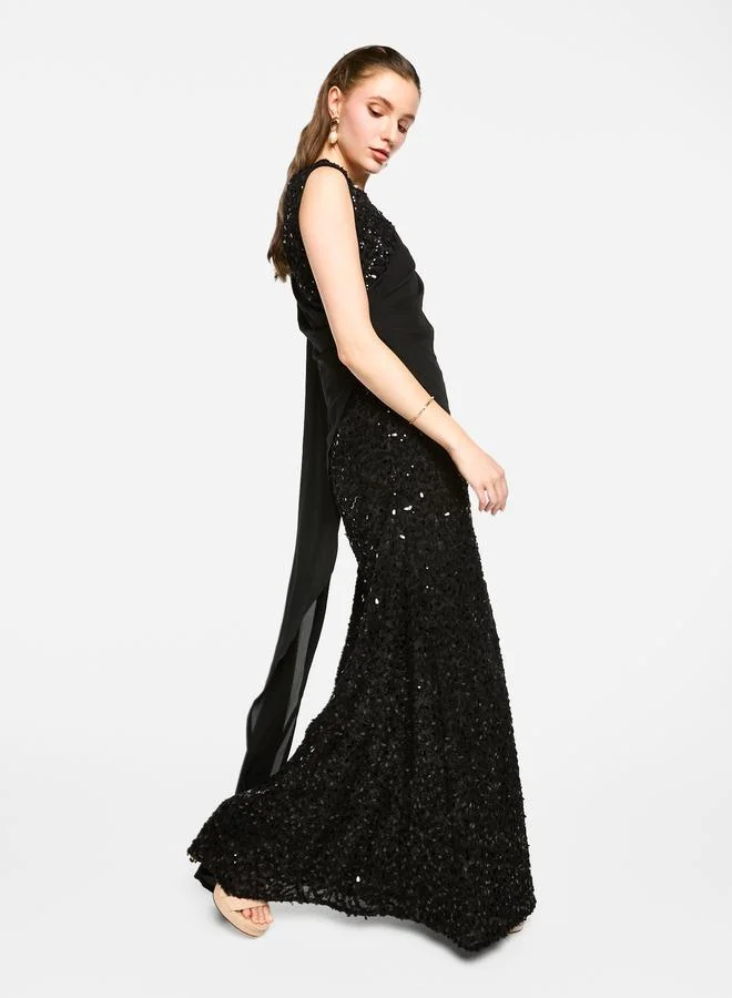 House of Moda House of Moda Sequin Embroidered One Cape Sleeve Maxi Dress