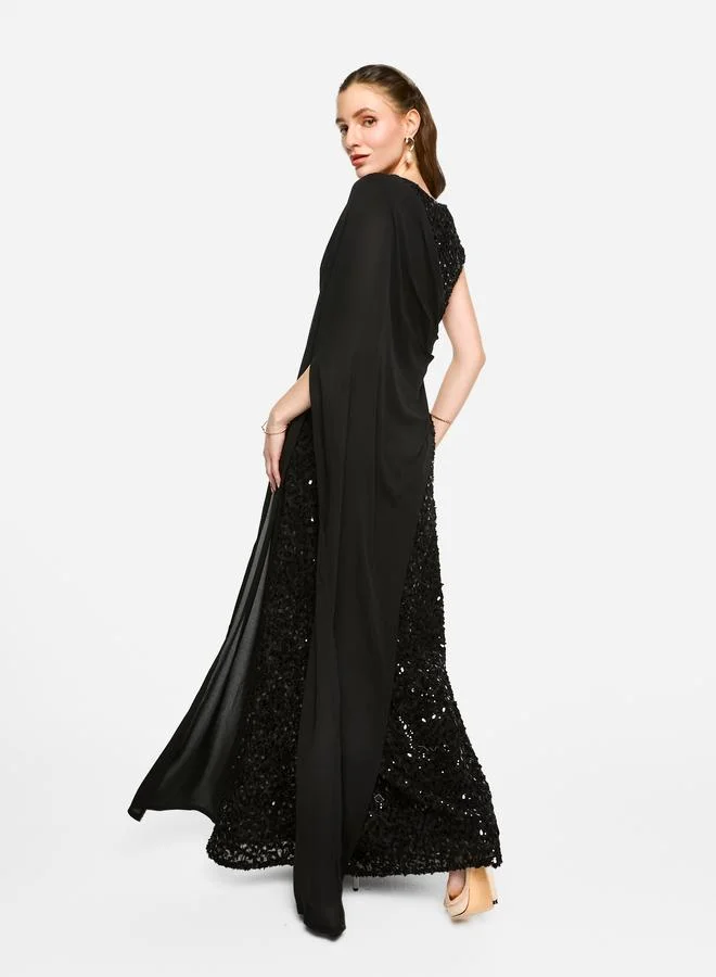 House of Moda House of Moda Sequin Embroidered One Cape Sleeve Maxi Dress