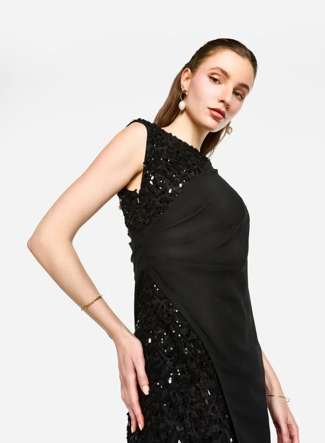 House of Moda House of Moda Sequin Embroidered One Cape Sleeve Maxi Dress