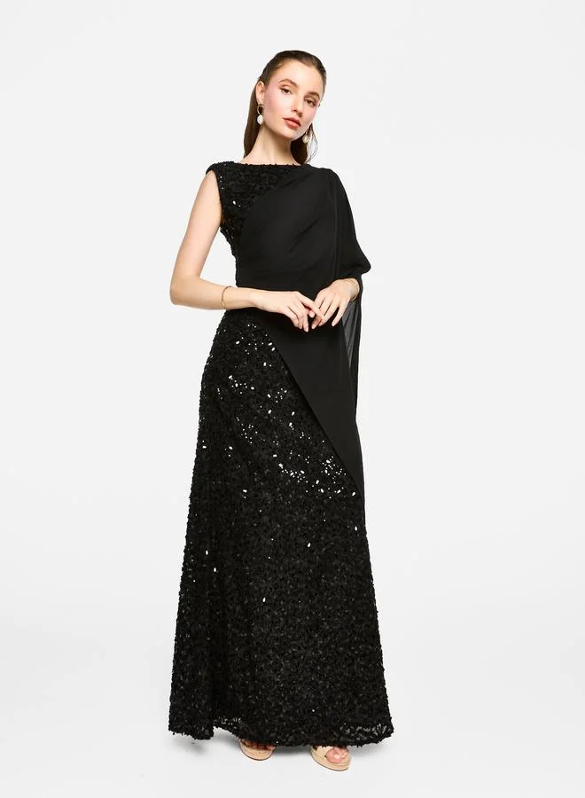 House of Moda House of Moda Sequin Embroidered One Cape Sleeve Maxi Dress