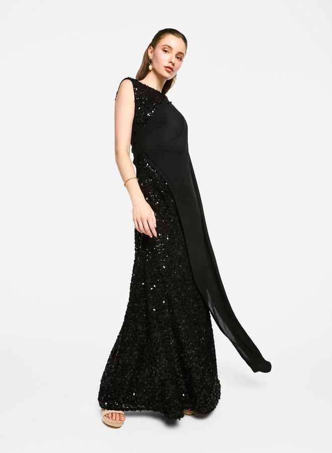 House of Moda House of Moda Sequin Embroidered One Cape Sleeve Maxi Dress