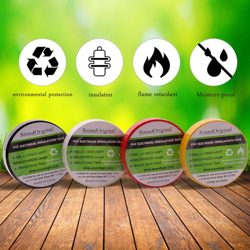 SoundOriginal Electrical Tape 0.7 Inch by 60 Feet 4 Pack Waterproof Flame Retardant Indoor Outdoor High Temperature Resistance (60Ft 4Colors) - Image 5