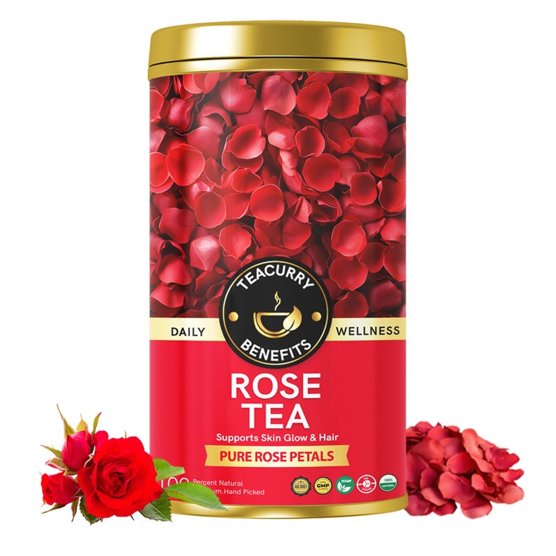 Teacurry Rose Flower Tea (20 Grams, Golden Tin Jar) - Pure, Sun-Dried Rose Petals for Skin Glow and Immunity | 100% Pure and Natural Sun-Dried Rose Petals - Image 1