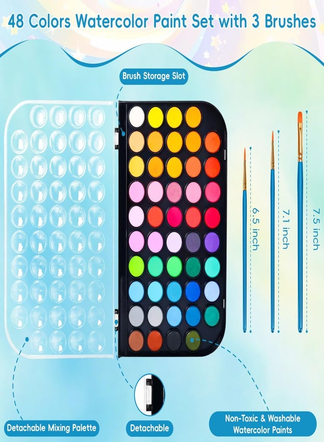 Dushco 48 Colors Washable Watercolor Paint Set with 3 Blue Handle Paint Brushes, Art Supplies for Painting - Image 2