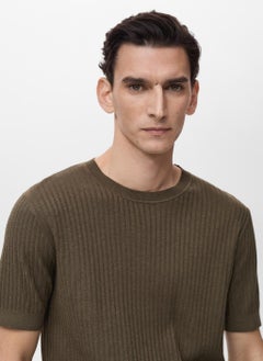 Mango Man Textured Striped Crew Neck  T-Shirt  - Image 4