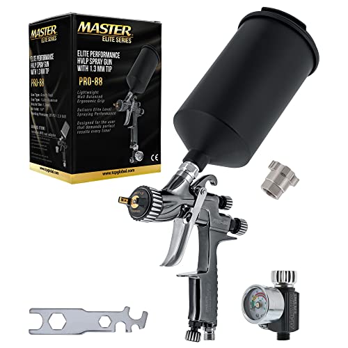 Master Airbrush Master Elite Performance PRO-88 Series HVLP Spray Gun with 1.3mm Tip with Air Pressure Regulator Gauge, MPS Cup Adapter - Ideal for Automotive Basecoats, Clearcoats - Advanced Atomization - Image 1