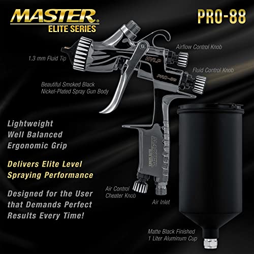 Master Airbrush Master Elite Performance PRO-88 Series HVLP Spray Gun with 1.3mm Tip with Air Pressure Regulator Gauge, MPS Cup Adapter - Ideal for Automotive Basecoats, Clearcoats - Advanced Atomization - Image 3