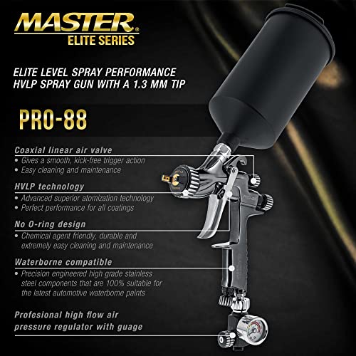 Master Airbrush Master Elite Performance PRO-88 Series HVLP Spray Gun with 1.3mm Tip with Air Pressure Regulator Gauge, MPS Cup Adapter - Ideal for Automotive Basecoats, Clearcoats - Advanced Atomization - Image 2