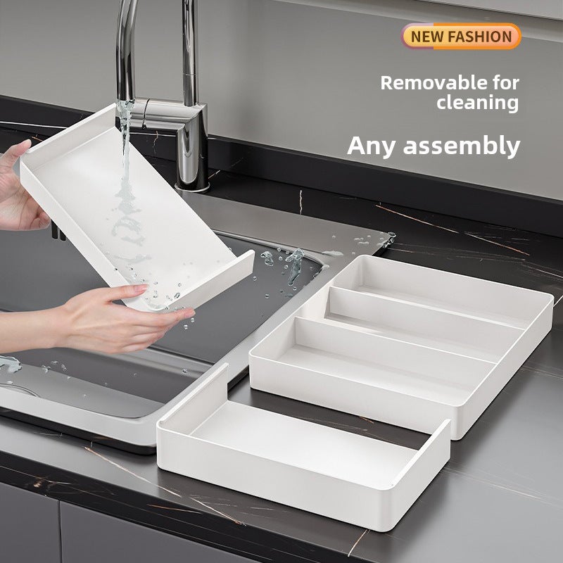 Kitchen Drawer Retractable Storage Box Deep Cabinet Drawer Inner Removable Plastic Tray Retractable Partition Fit Box(Type D: three-compartment + four-side telescopic) - Image 4