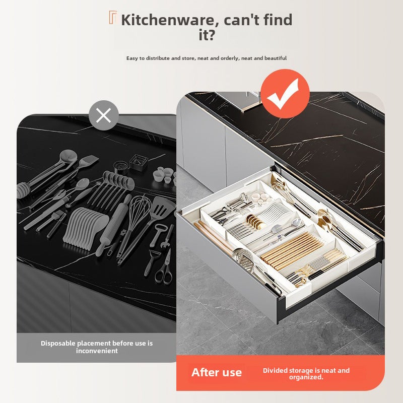 Kitchen Drawer Retractable Storage Box Deep Cabinet Drawer Inner Removable Plastic Tray Retractable Partition Fit Box(Type D: three-compartment + four-side telescopic) - Image 5