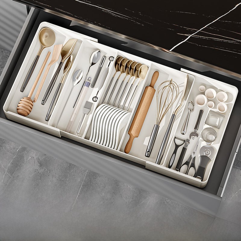 Kitchen Drawer Retractable Storage Box Deep Cabinet Drawer Inner Removable Plastic Tray Retractable Partition Fit Box(Type D: three-compartment + four-side telescopic) - Image 3