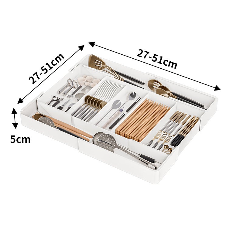 Kitchen Drawer Retractable Storage Box Deep Cabinet Drawer Inner Removable Plastic Tray Retractable Partition Fit Box(Type D: three-compartment + four-side telescopic) - Image 1