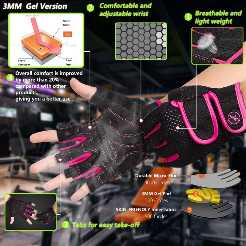 MOREOK Workout Gloves Padded Weight Lifting Gloves for Men/Women, [3MM Gel] Fingerless Grip Gym Gloves Fitness Gloves Pink-S - Image 2