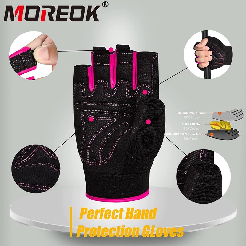 MOREOK Workout Gloves Padded Weight Lifting Gloves for Men/Women, [3MM Gel] Fingerless Grip Gym Gloves Fitness Gloves Pink-S - Image 4