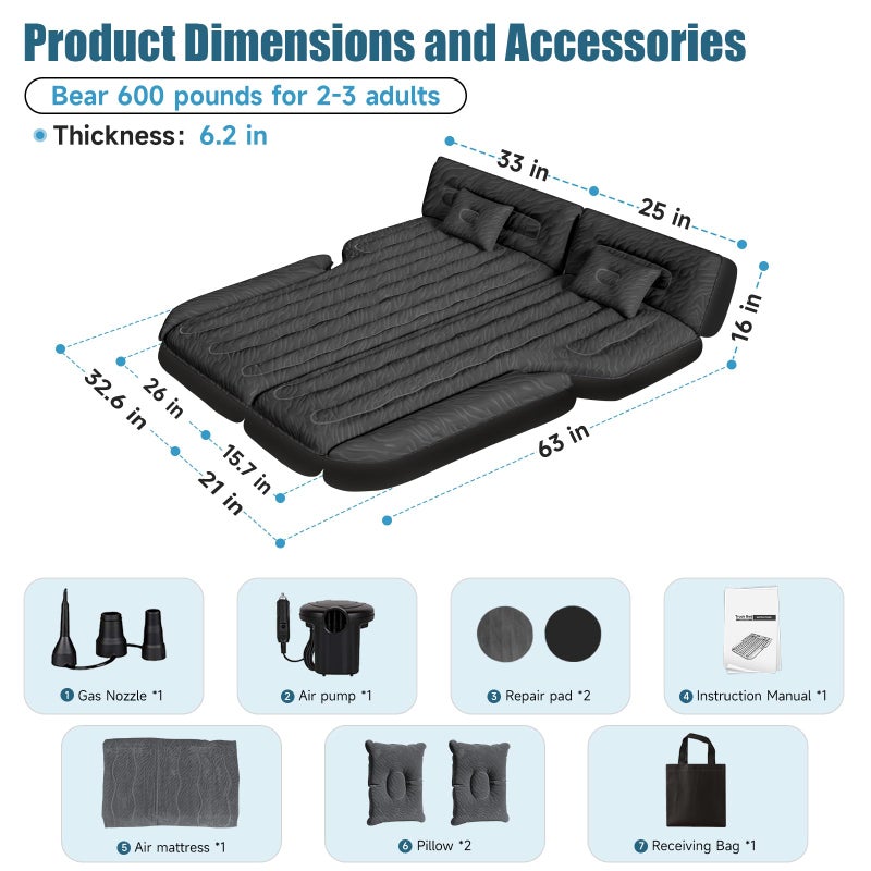 DikaSun SUV Air Mattress Double-Sided Flocking Car Mattresses for Car Bed, Travel Camping Sleeping Bed with Air Pump 2 Pillows - Image 5