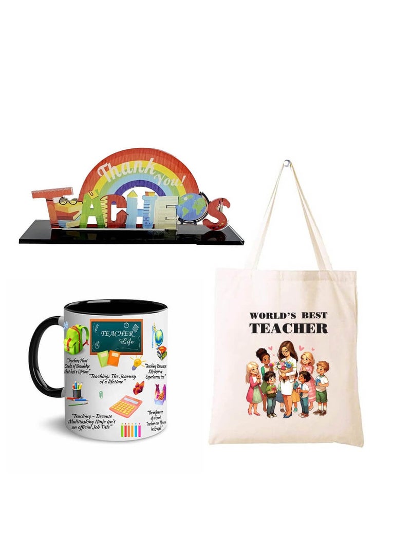 برينت شوب فور مي مجموعة هدايا تقدير المعلمين - كريستال أكريليك، كوب قهوة أسود، وحقيبة حمل قطنية أنيقة - هدية للمعلمين والموجهين وموظفي المدرسة - مثالية ليوم المعلمين - Image 1