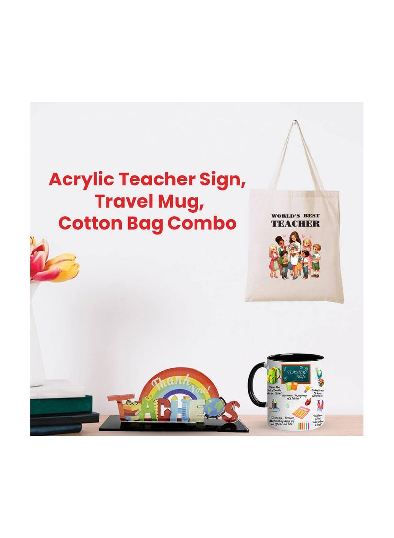 برينت شوب فور مي مجموعة هدايا تقدير المعلمين - كريستال أكريليك، كوب قهوة أسود، وحقيبة حمل قطنية أنيقة - هدية للمعلمين والموجهين وموظفي المدرسة - مثالية ليوم المعلمين - Image 2