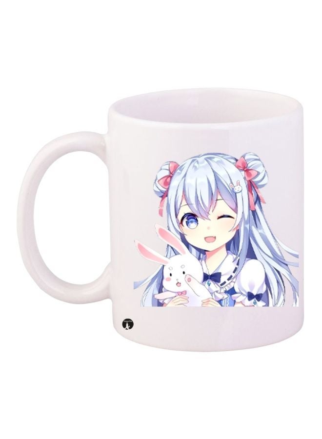 Anime Girl Printed Ceramic Coffee Mug White/Blue/Pink 11ounce
