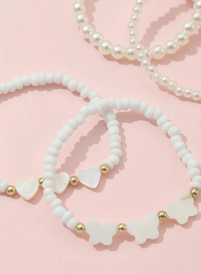Pack of 4 - Girls White Beaded Bracelets with Heart and Butterfliy Charm