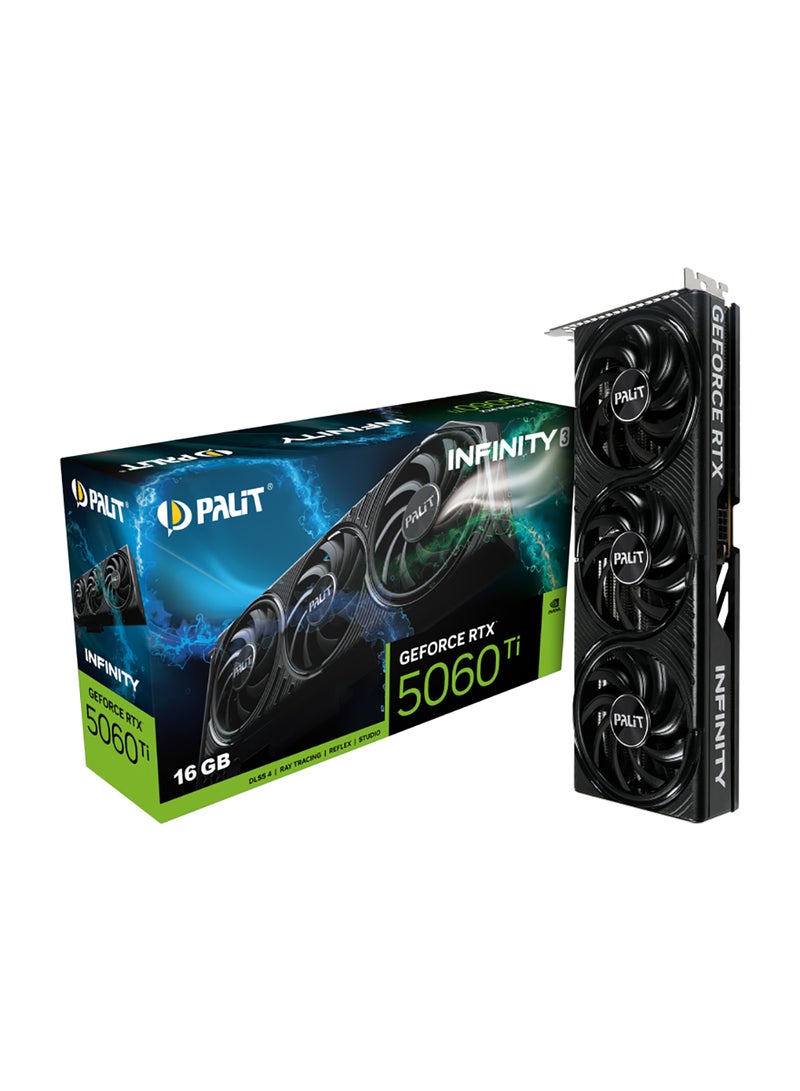 Palit GeForce RTX 5060 Ti Infinity 3 16GB GDDR7 Graphics Card, Blackwell Architecture, 4608 CUDA Cores, 128-bit, 28 Gbps, PCIe 5.0, HDMI 2.1b, 3x DP 2.1b, 4K@480Hz or 8K@120Hz, AV1 Encode/Decode, DLSS 4, Ray Tracing (4th Gen), VR & SFF Ready, 2-Slot, 180W TDP, 8-Pin Power, Copper Base, Resizable BAR, G-SYNC, NVIDIA Studio & Game Ready Drivers | NE7506T019T1-GB2061S - Image 1