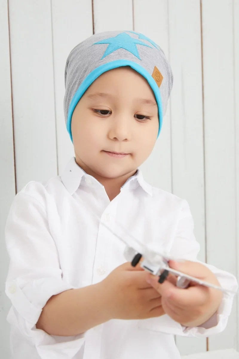 Babygiz Boy's Gray Blue Star Hat Beanie Soft Double Layer Cotton Combed Cotton