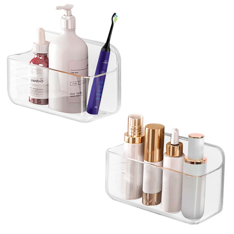 CGBE 2 Packs Cabinet Door Organizer Acrylic Adhesive Shelf Wall Mounted Storage Self Adhesive Shower Shelves Without Drilling Automatic Draining Clear Shower Organizer for Bathroom