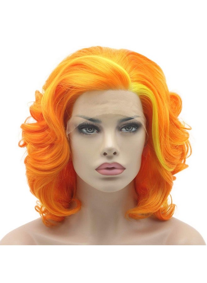 Lushy Short Two Tone Orange And Gloden Mix Wig Heat Friendly Heavy Density Synthetic Lace Front Wig - Image 2