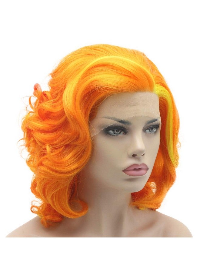 Lushy Short Two Tone Orange And Gloden Mix Wig Heat Friendly Heavy Density Synthetic Lace Front Wig - Image 3