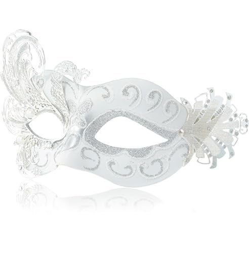 MYSEUNI 2025 New White Masquerade Mask for WomenPeacock Metal Masquerade Venetian Mask Silver Masks for Women Butterfly Mardi Gras Halloween Parties Costume Party Carnivals Wedding - Image 1